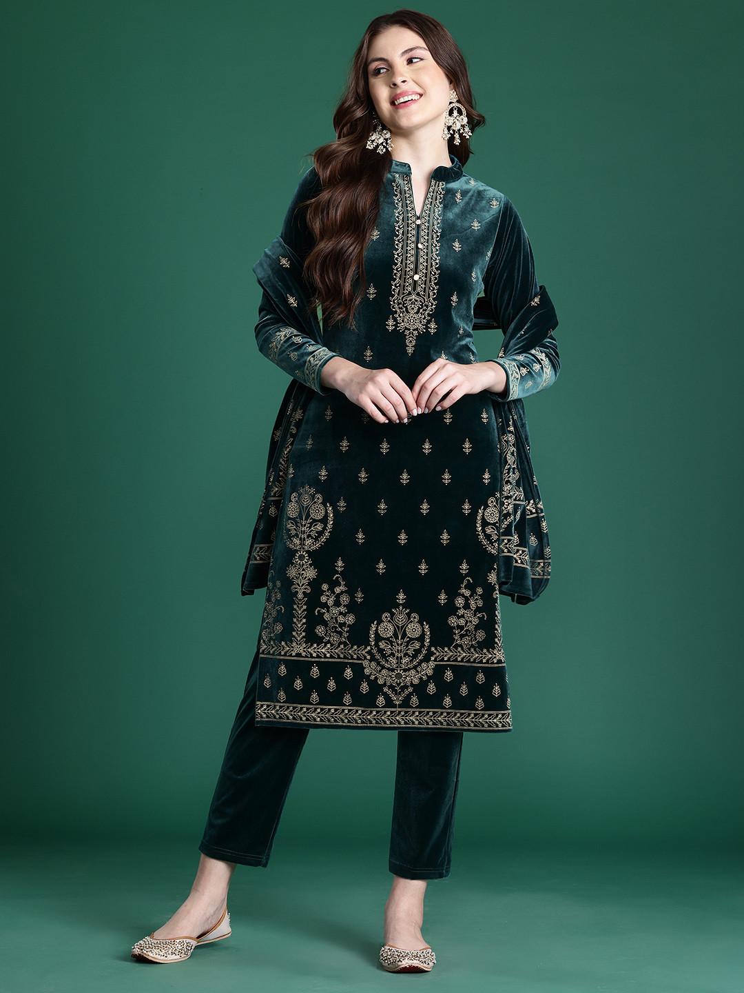 Cayman Woven Design Velvet Finish Pure Wool Kurta with Trousers & Dupatta