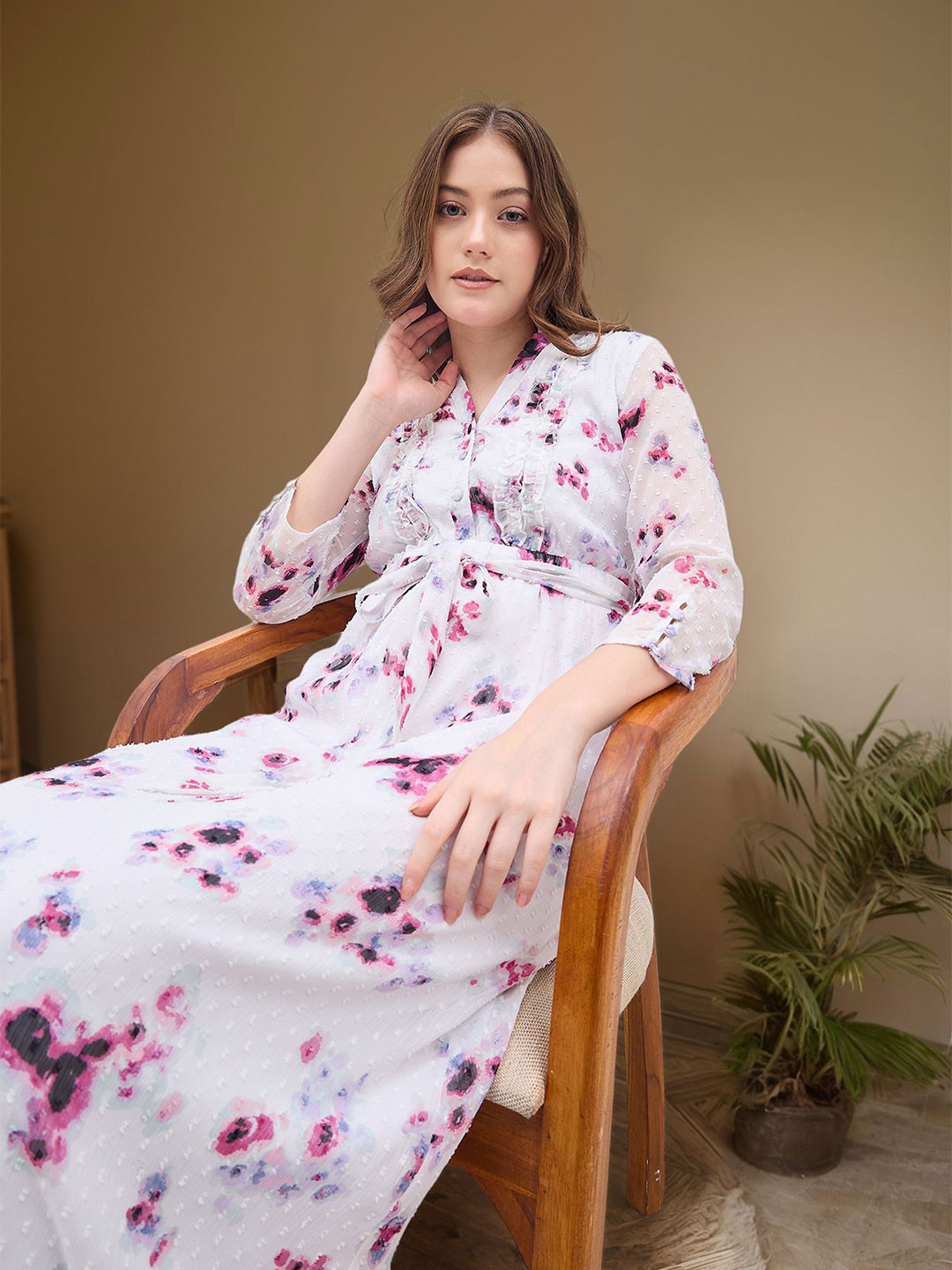 Styli Women Textured Floral Print Ruffled A-Line Maxi Dress with Frill Detail & Belt
