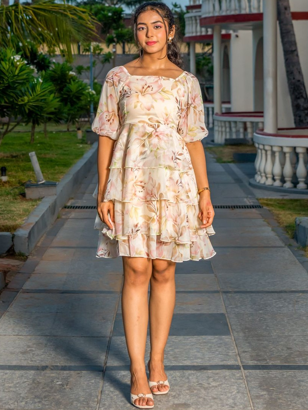 Valere Floral Printed Layered  Puff Sleeve Chiffon Fit & Flare Dress