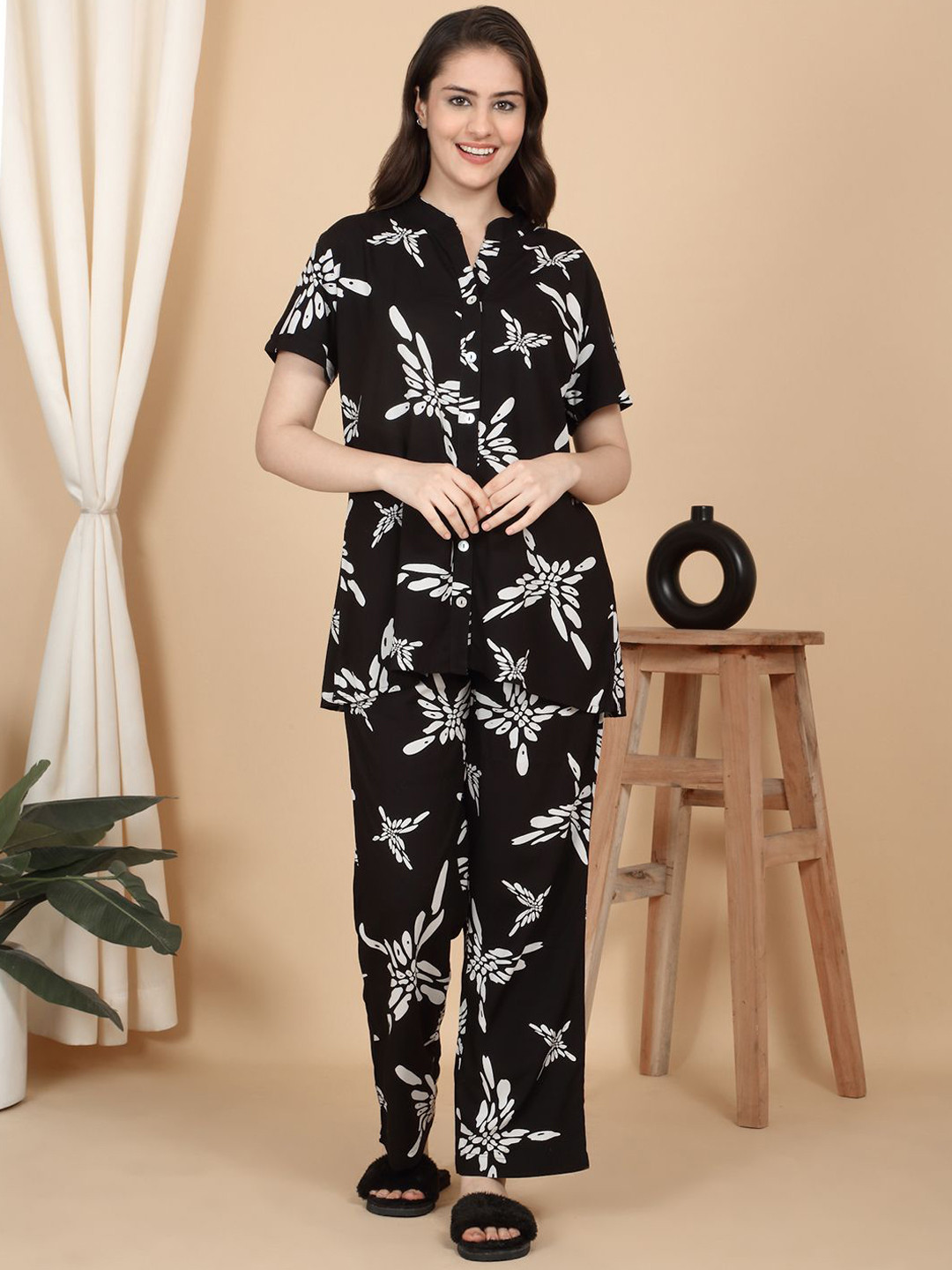 Sweet Dreams Women Abstract Printed Mandarin Collar Top Slip On Pajama Night Suits