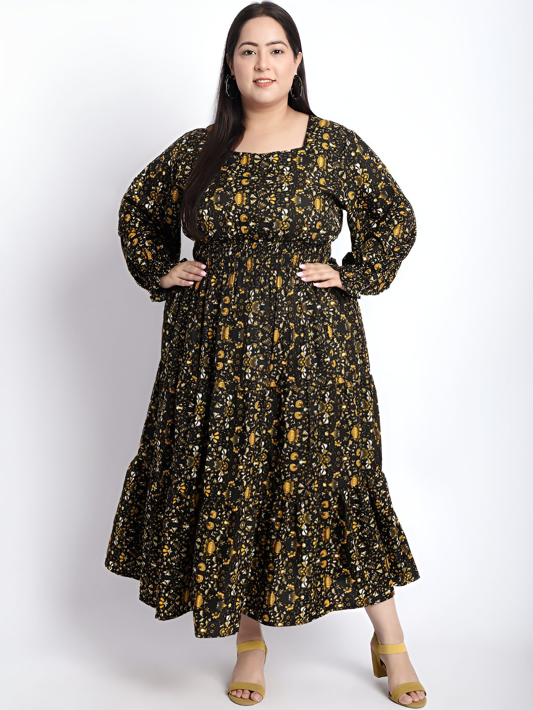 GOMES Women Plus Size Floral Print Puff Sleeves Fit & Flare Maxi Dress