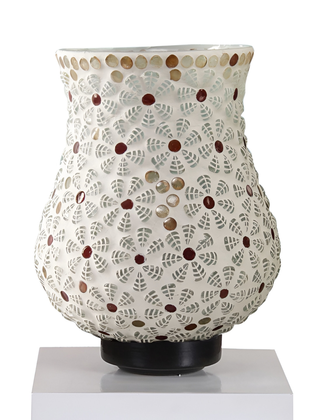 Aura White & Gold Toned Printed Wooden Bell Shaped Table Lamp With Square Base
