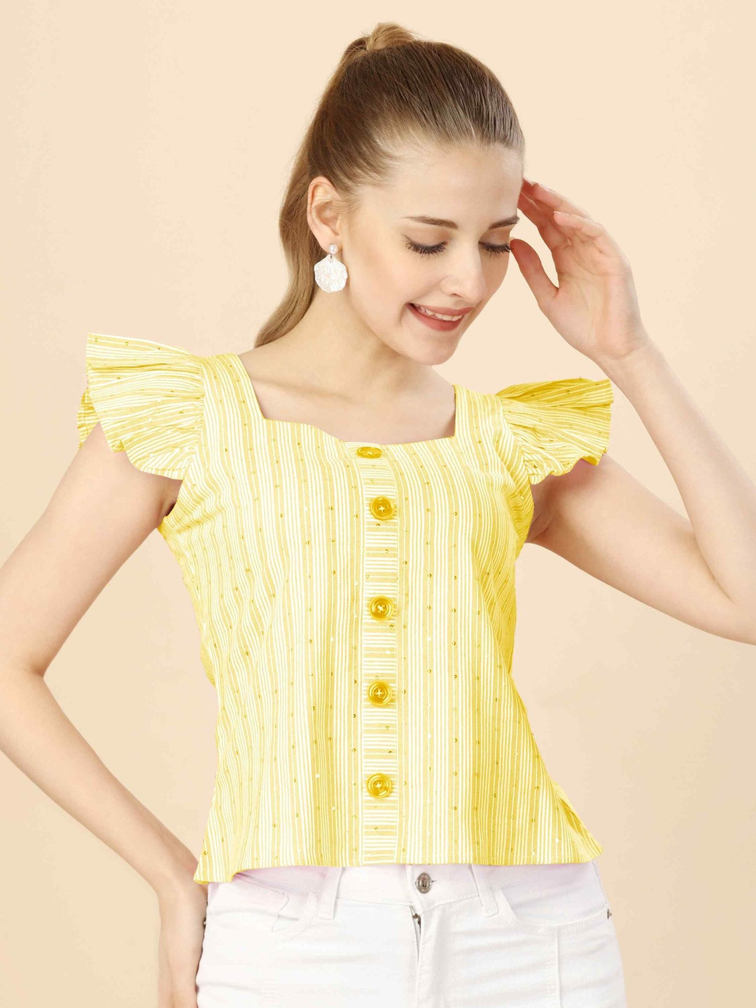 YANAMORA Women Striped Square Neck Flutter Sleeves Button-Down Top