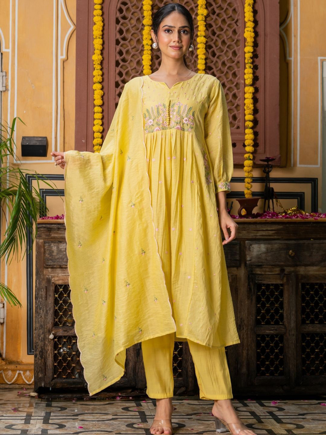 HOUSE OF JAMOTI Swarinika Floral Embroidered Pleated A-Line Chanderi Cotton Kurta Set