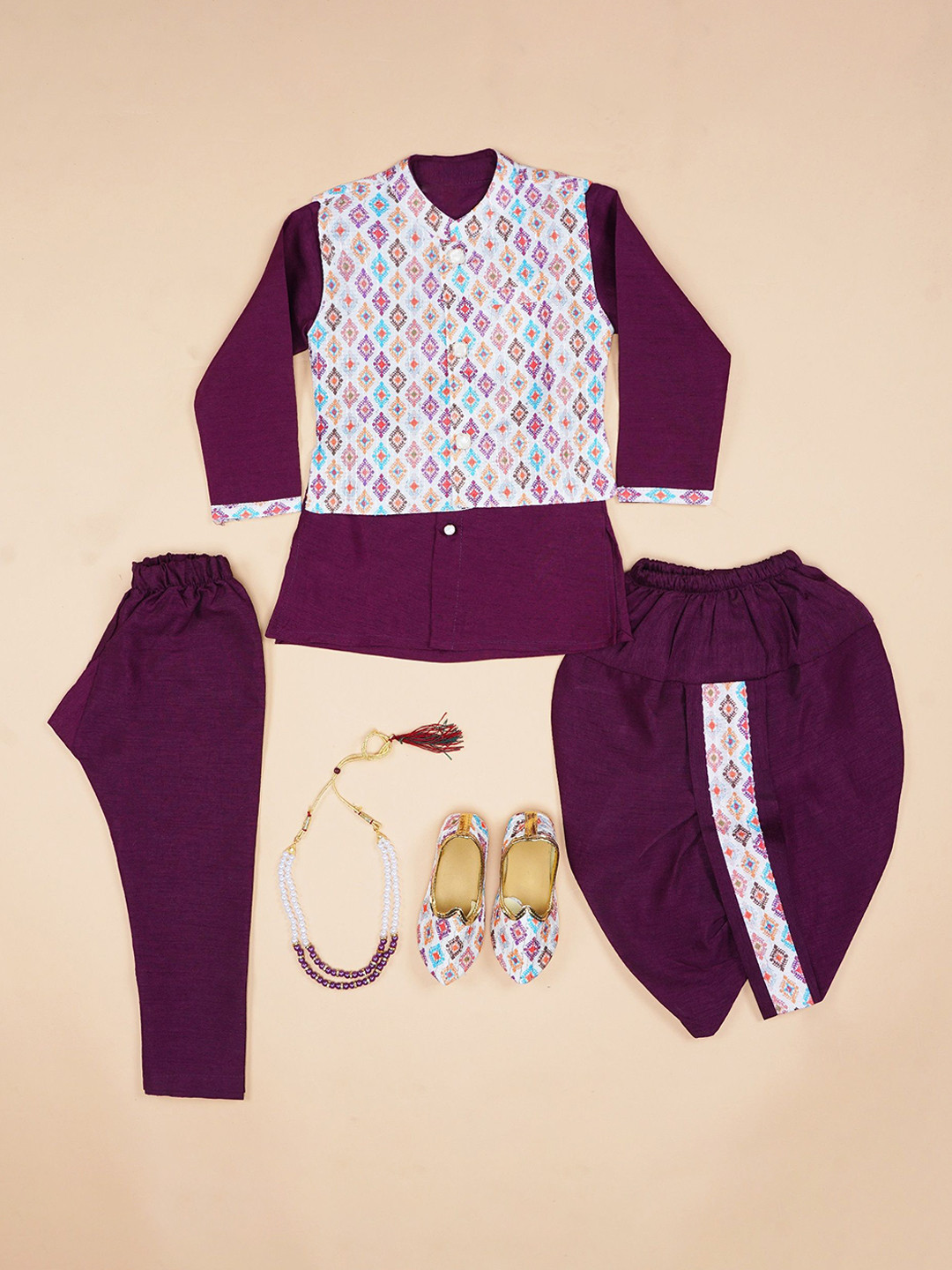 BAESD Boys Ethnic Motifs Printed Kurta with Dhoti Pants Waistcoat Mojari & Mala