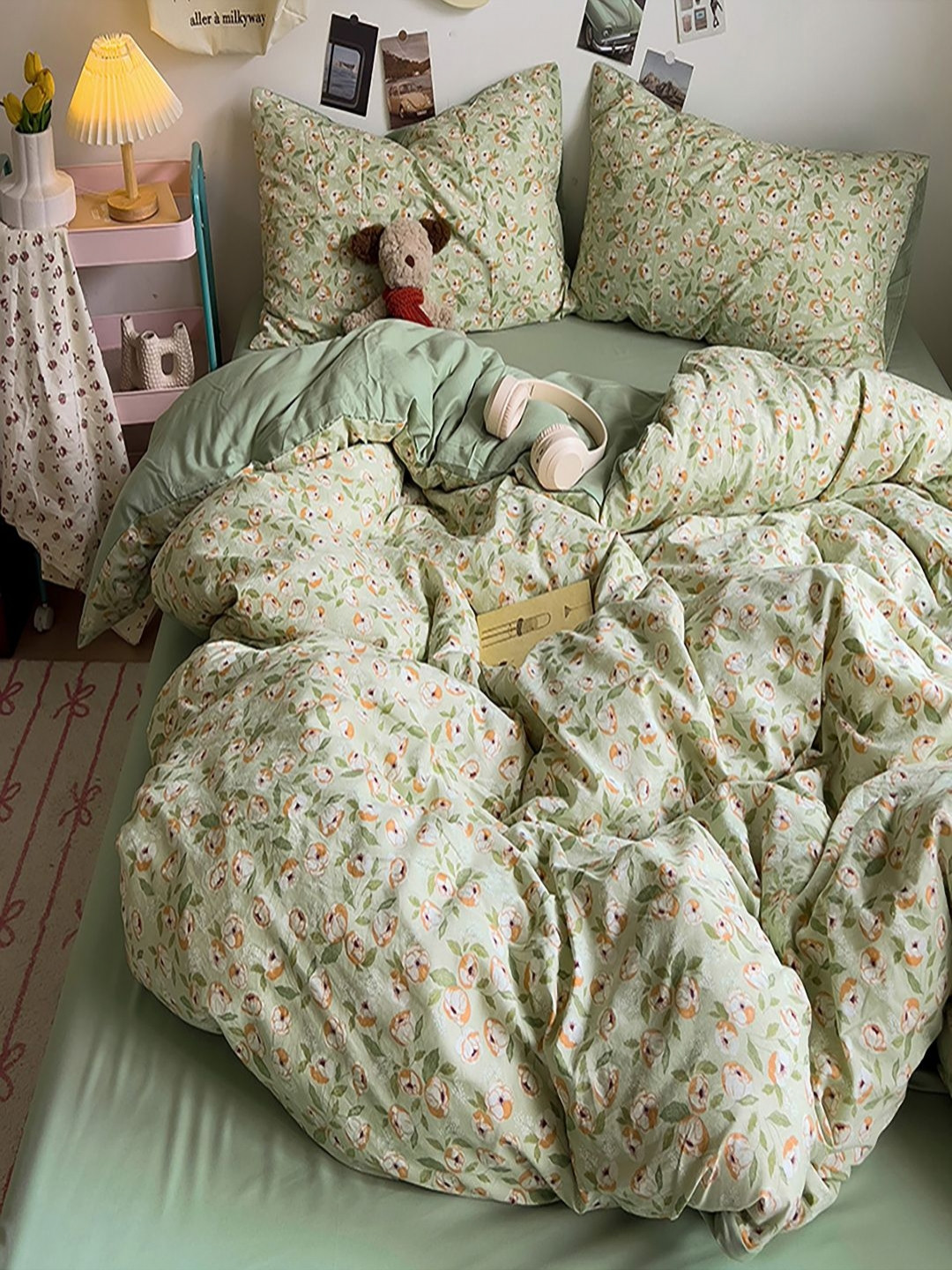 JC HOME Green & Grey Floral Printed AC Room Double Extra Large Bedding Set