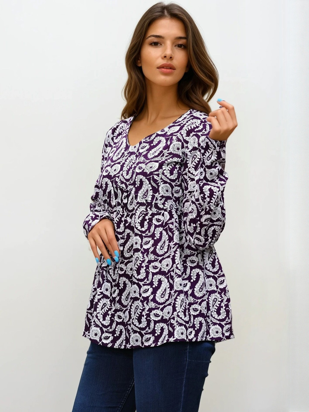 GLAD I MET YOU Women Paisley Printed V-Neck  Peplum Top