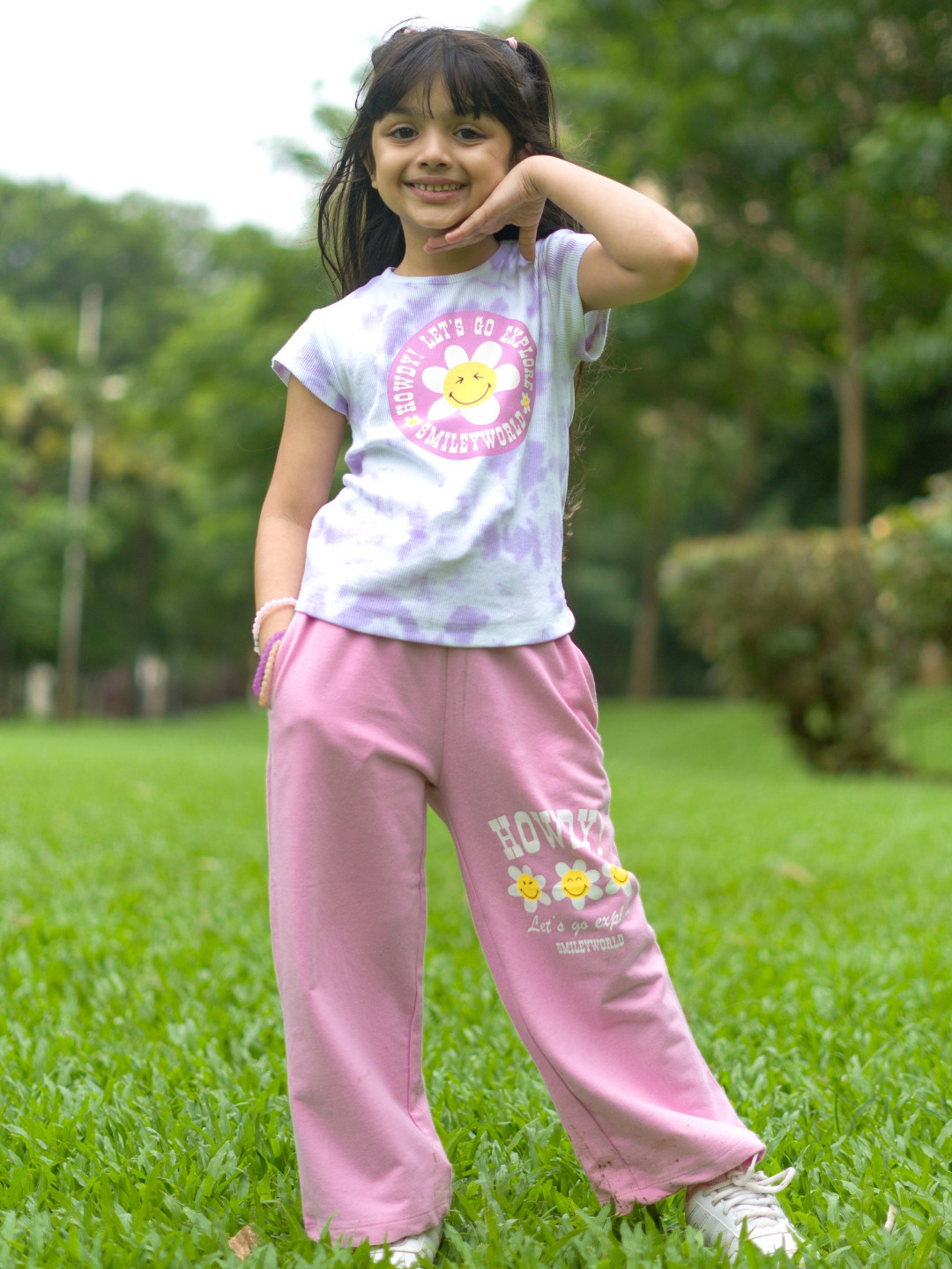 Nap Chief Girls Smiley World Printed Pure Cotton T-shirt With Trouser