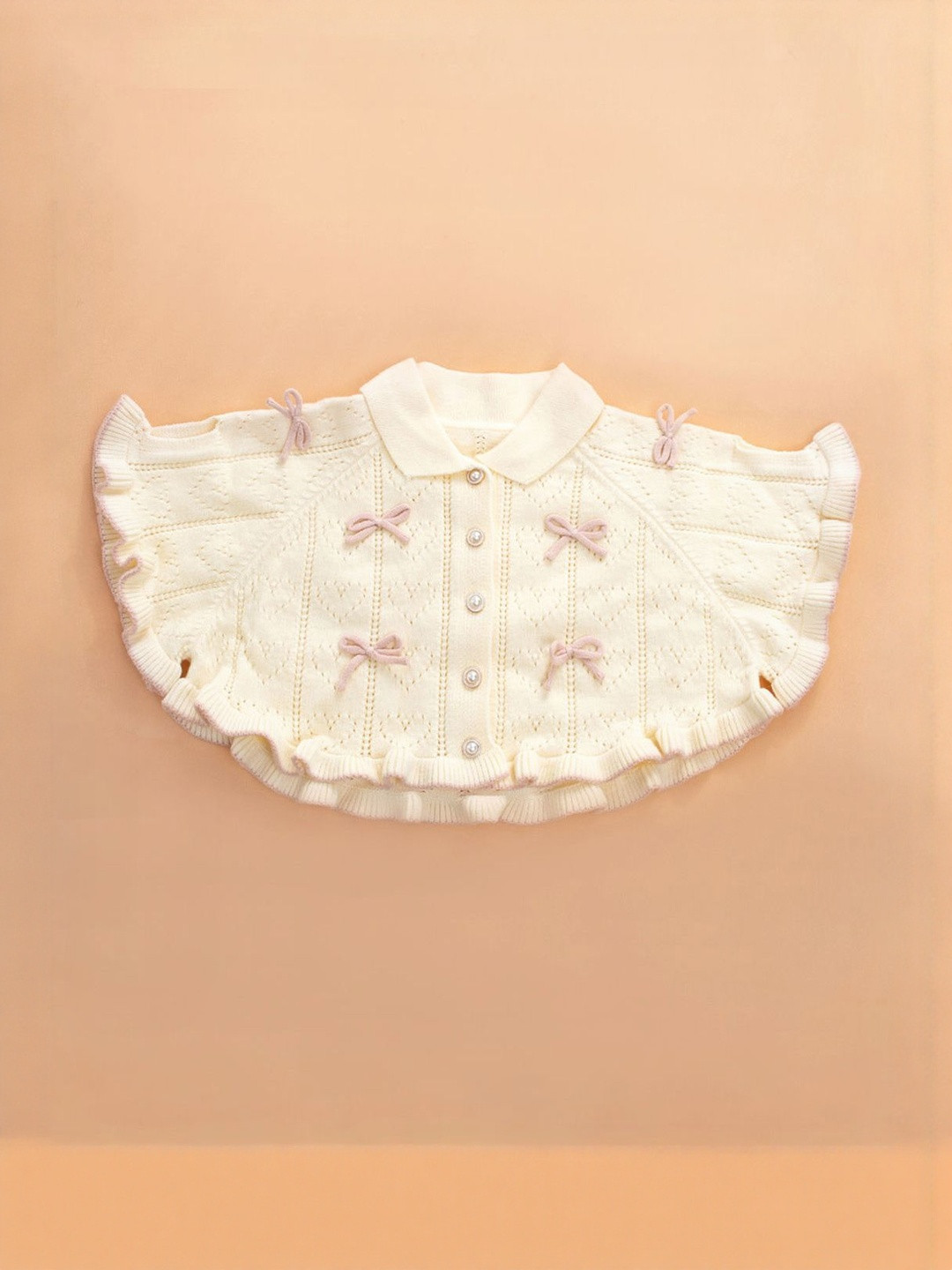 Hopscotch Girls Self Design Shirt Collar Bow Detail Ruffled Cardigan Sweater