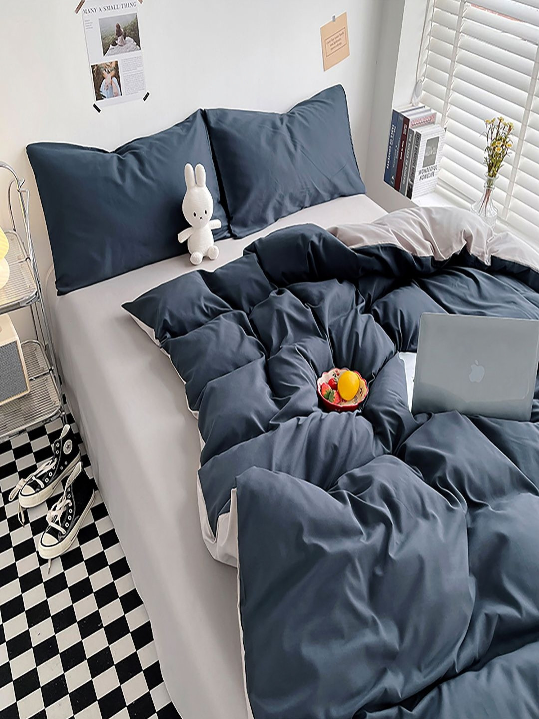 JC HOME Grey & Navy Blue AC Room Double King Bedding Set
