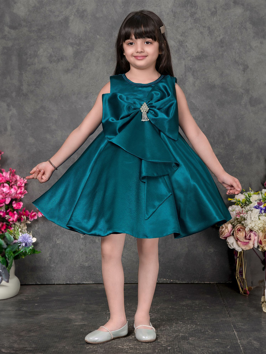 Lagorii Girls Party Dress with Oversized Bow And Stone Brooch