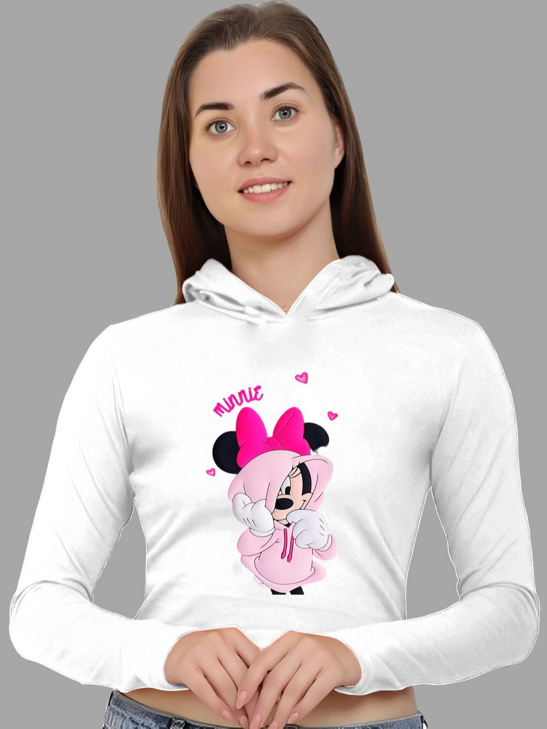 LECOWAR Women Minnie Mouse Graphic Printed Hooded T-shirt
