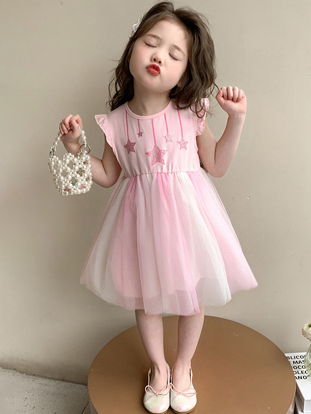 LULU & SKY Girls Star Pattern Embellished Flutter-Sleeve A-Line Dress