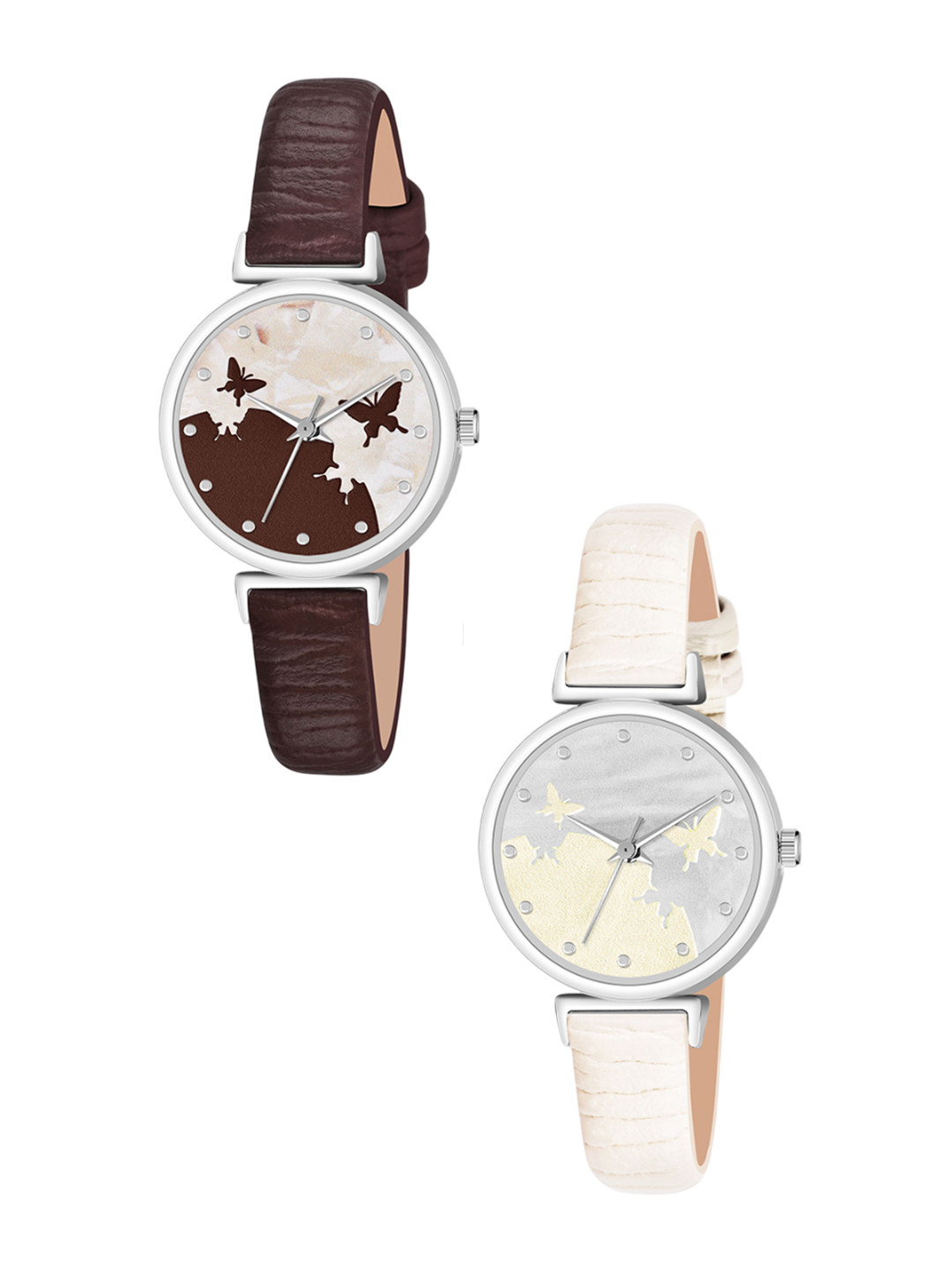 FROZIL Girls Pack of 2 Round Dial & Leather Textured Straps Analogue Watch AB64-BF-BR-W