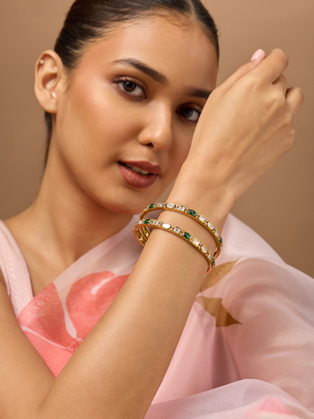 Kushal's Fashion Jewellery Women Pack Of 2 Green Victorian-Plated Ethnic Kundan Bangle