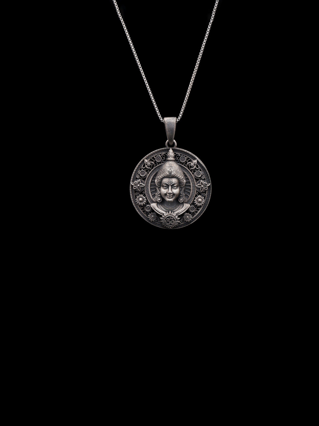 Exotic India Unisex Sterling Silver Round Shape Lord Rama Face Pendant
