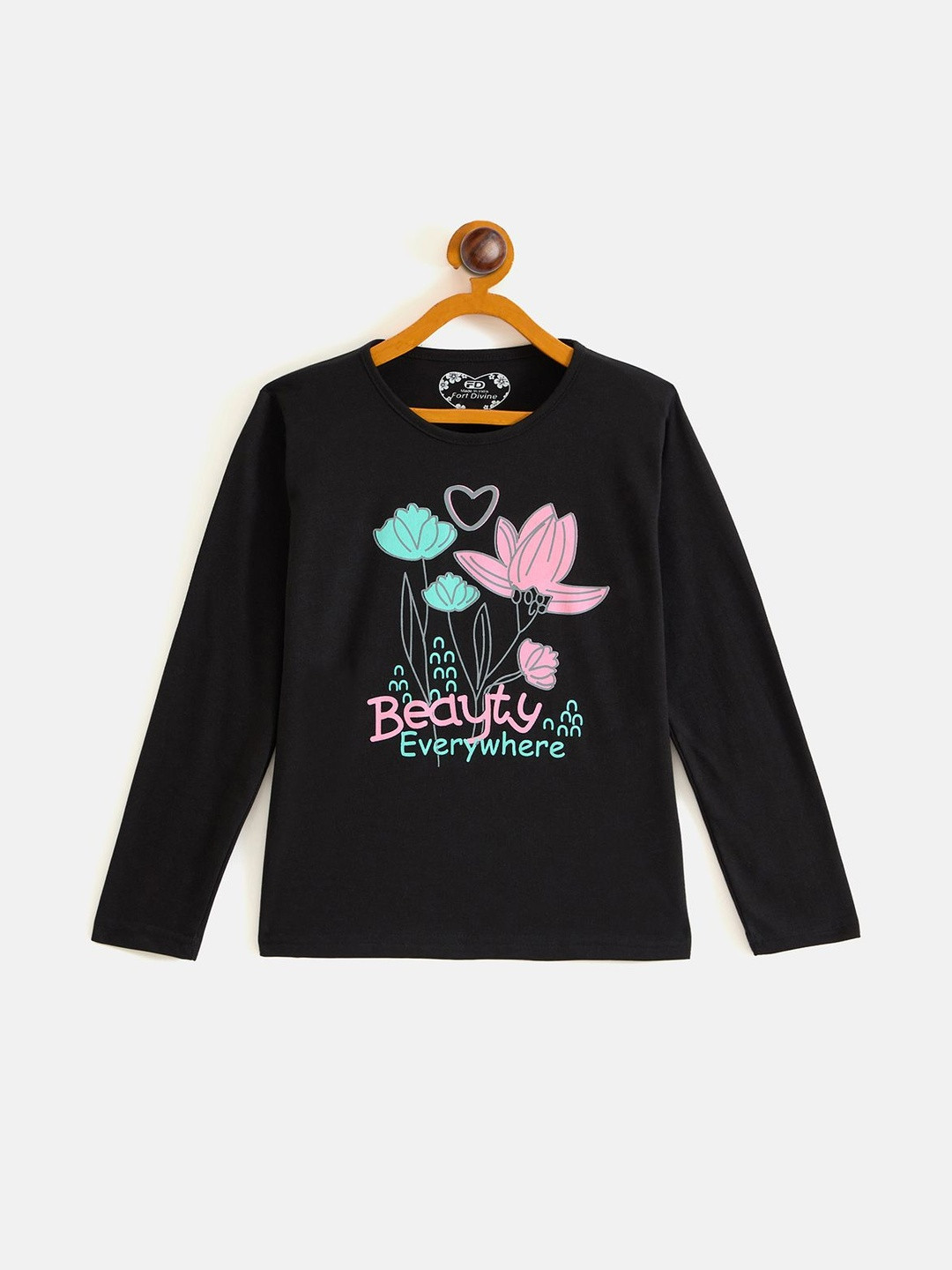 Fort Divine Kids Girls Black Cotton Printed T-shirt