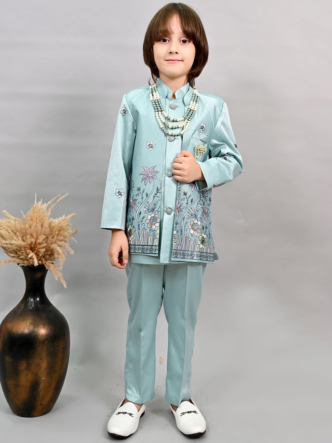BT DEZINES Boys Satin Floral Embroidered Kuta & Trousers With Jacket Sherwani Set