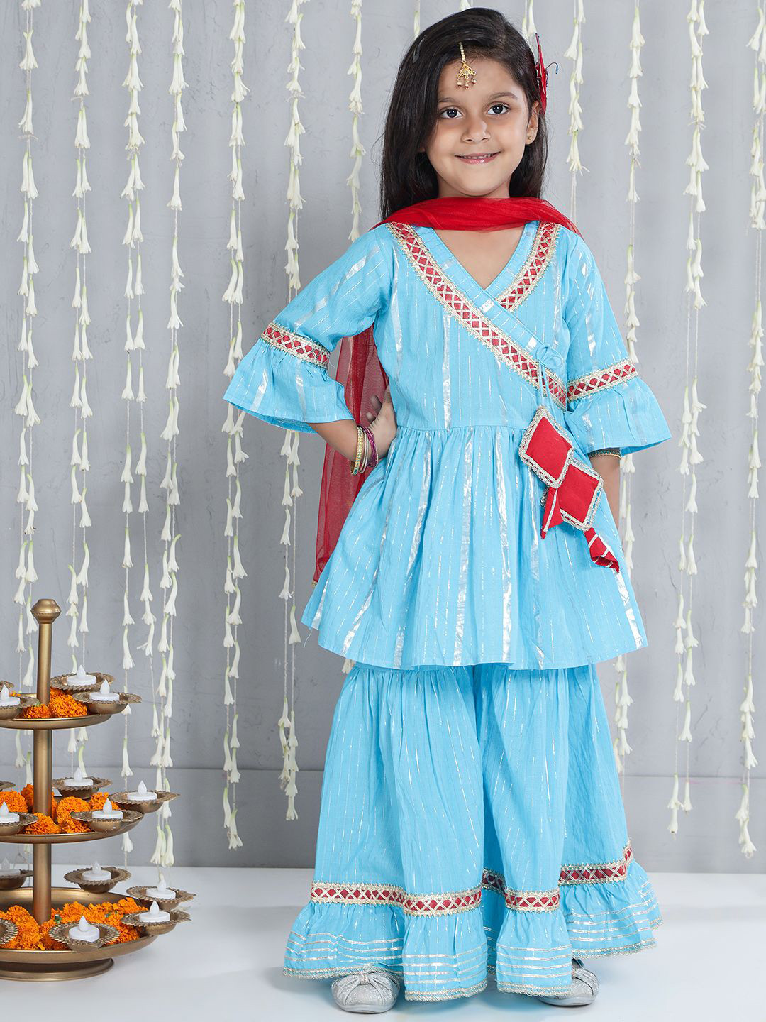 KID1 Girls Striped Woven Design V-Neck Kurti With Sharara & Dupatta Set