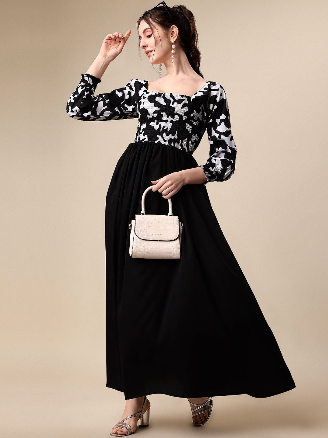 Honky Tonky Abstract Printed Crepe Smocked Square neck Cuffed sleeves Maxi Dress