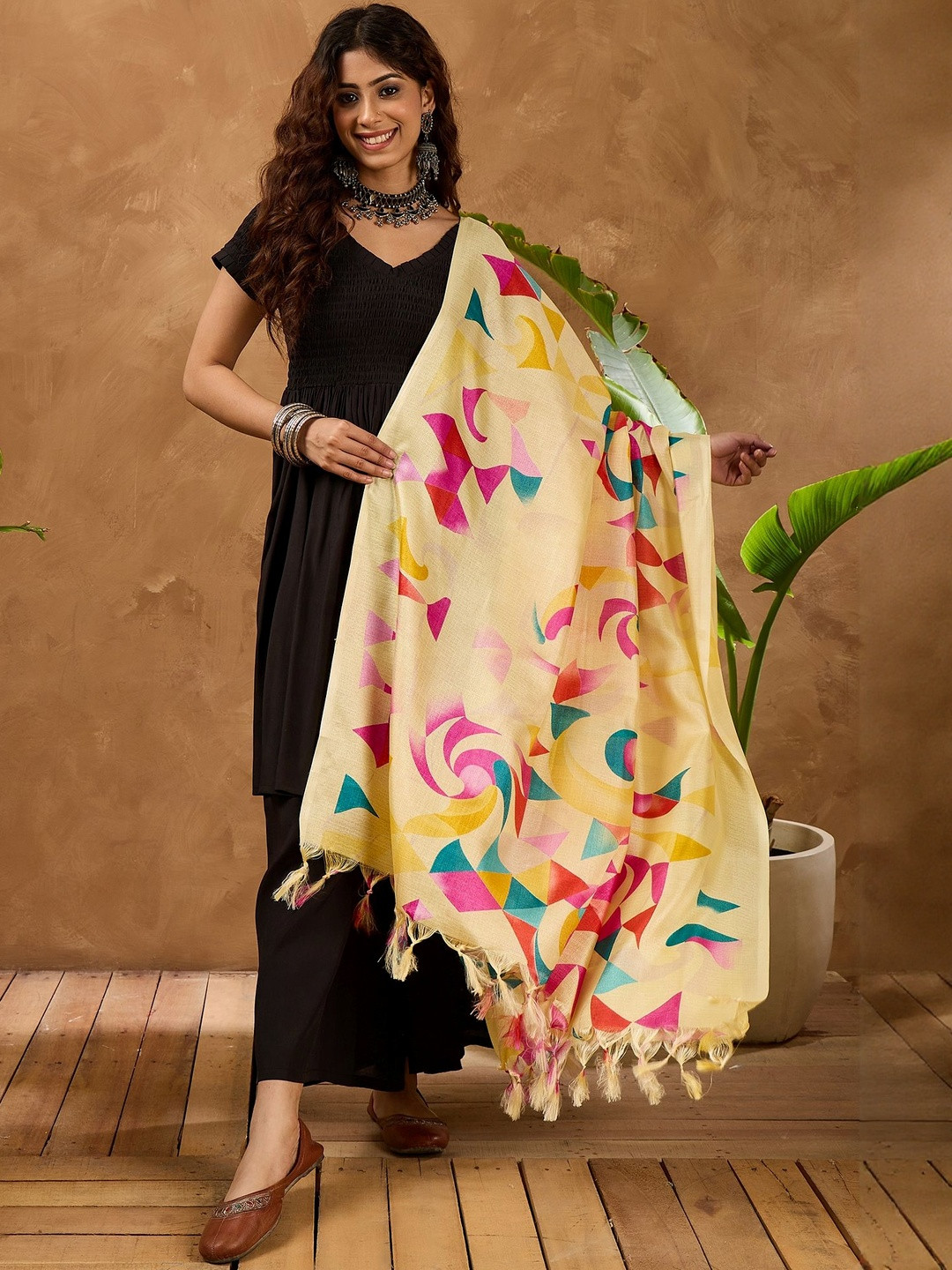 InWeave Pleated V-Neck A-Line Kurta With Palazzo & Dupatta