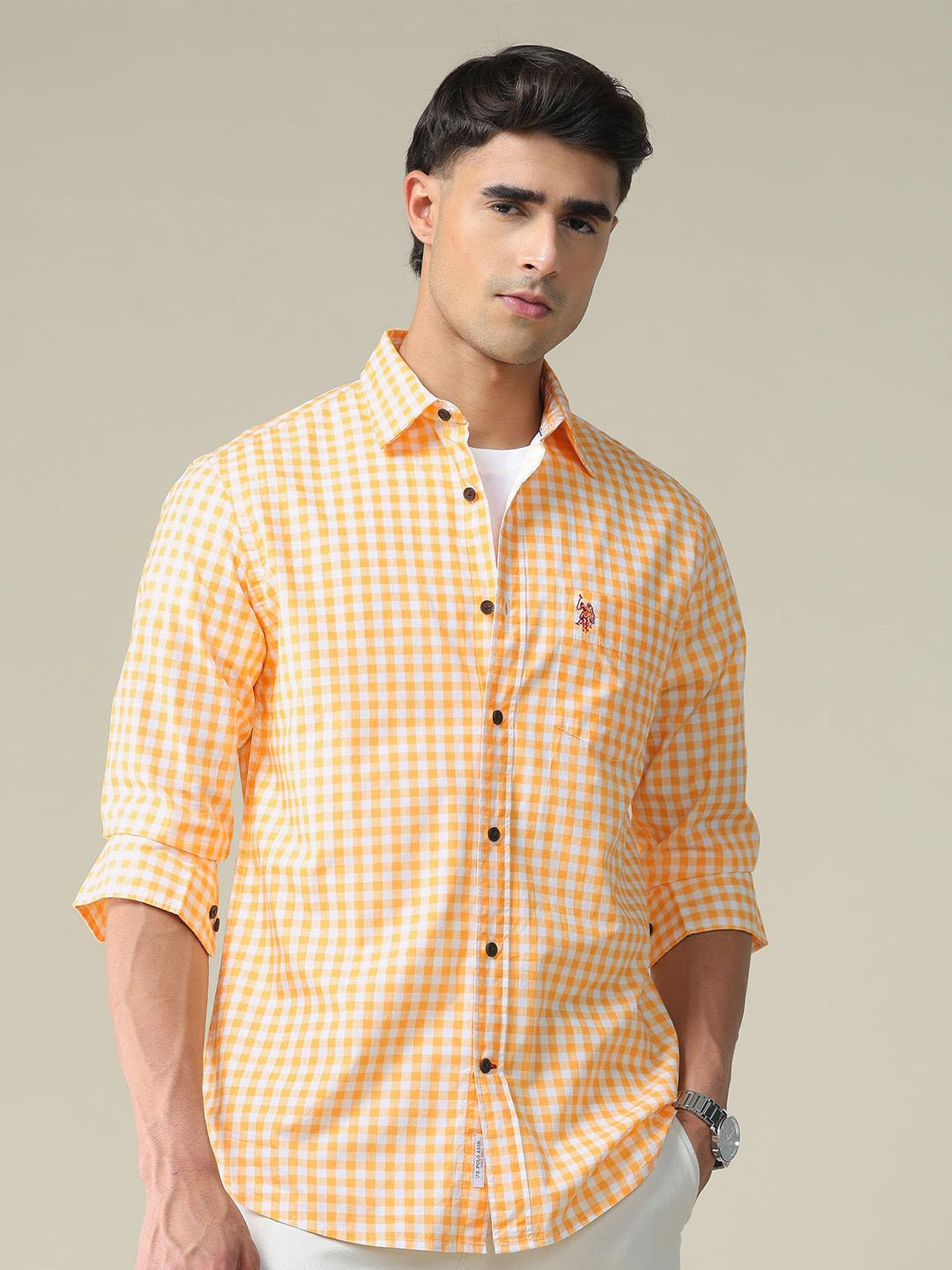 U.S. Polo Assn.Men Yellow & White Pure Cotton Gingham Twill Shirt