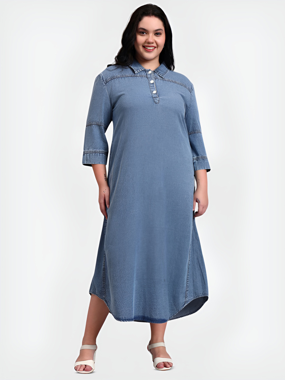 Sztori Abaya Women Big Size Shirt Collar Denim Cotton Shirt Dress