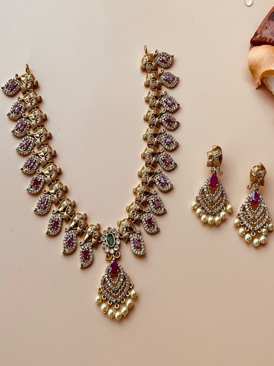 Ajrang Gold-Plated Cubic Zirconia Studded & Beaded Traditional Elephant Jewellery Set