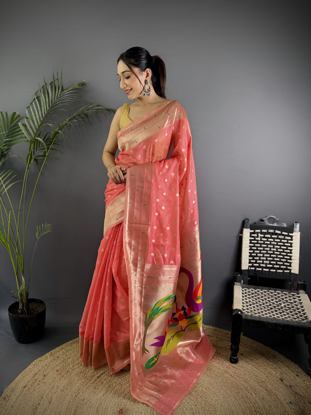 elora Ethnic Motifs Woven Design Paithani Tissue Saree With Blouse Piece