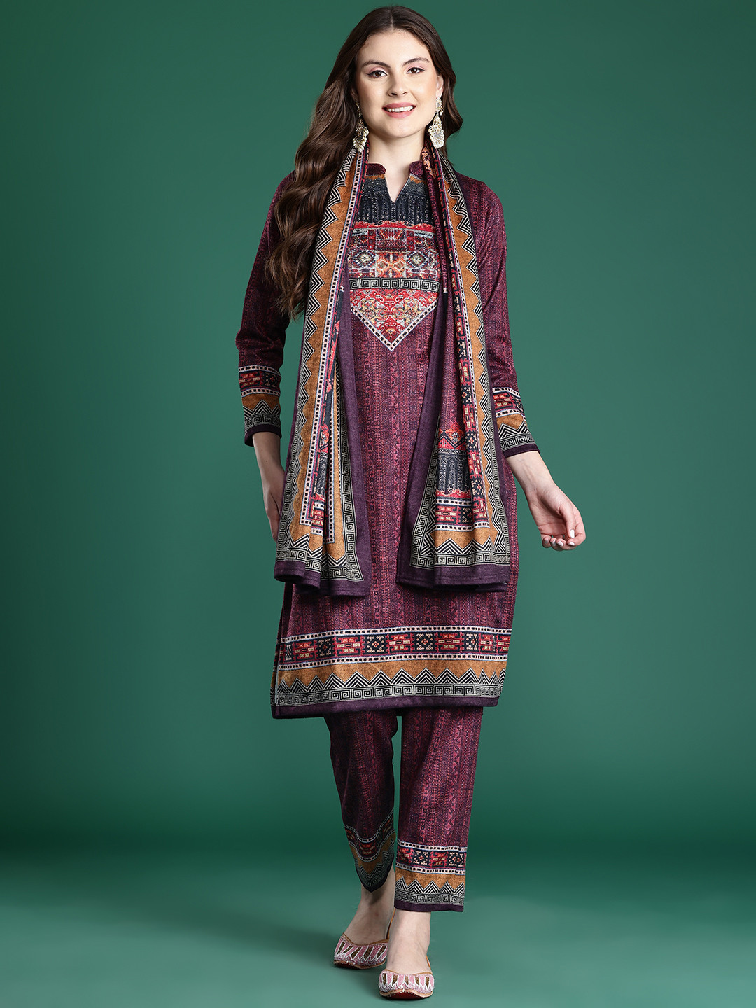Cayman Ethnic Motifs Regular Beads & Stones Pure Wool Kurta with Trousers & Dupatta
