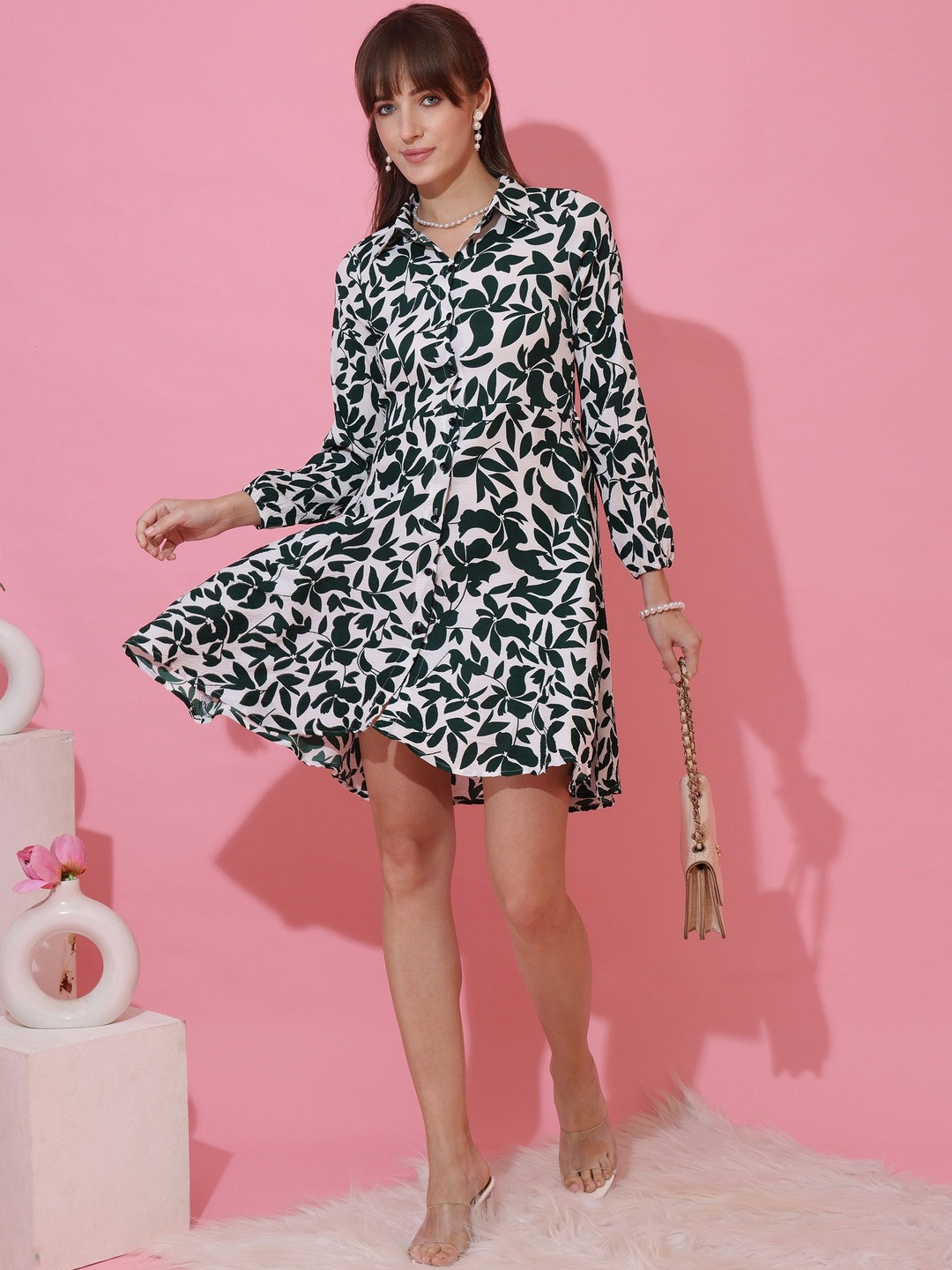 Honky Tonky Women Floral Printed Crepe Shirt Mini Dress