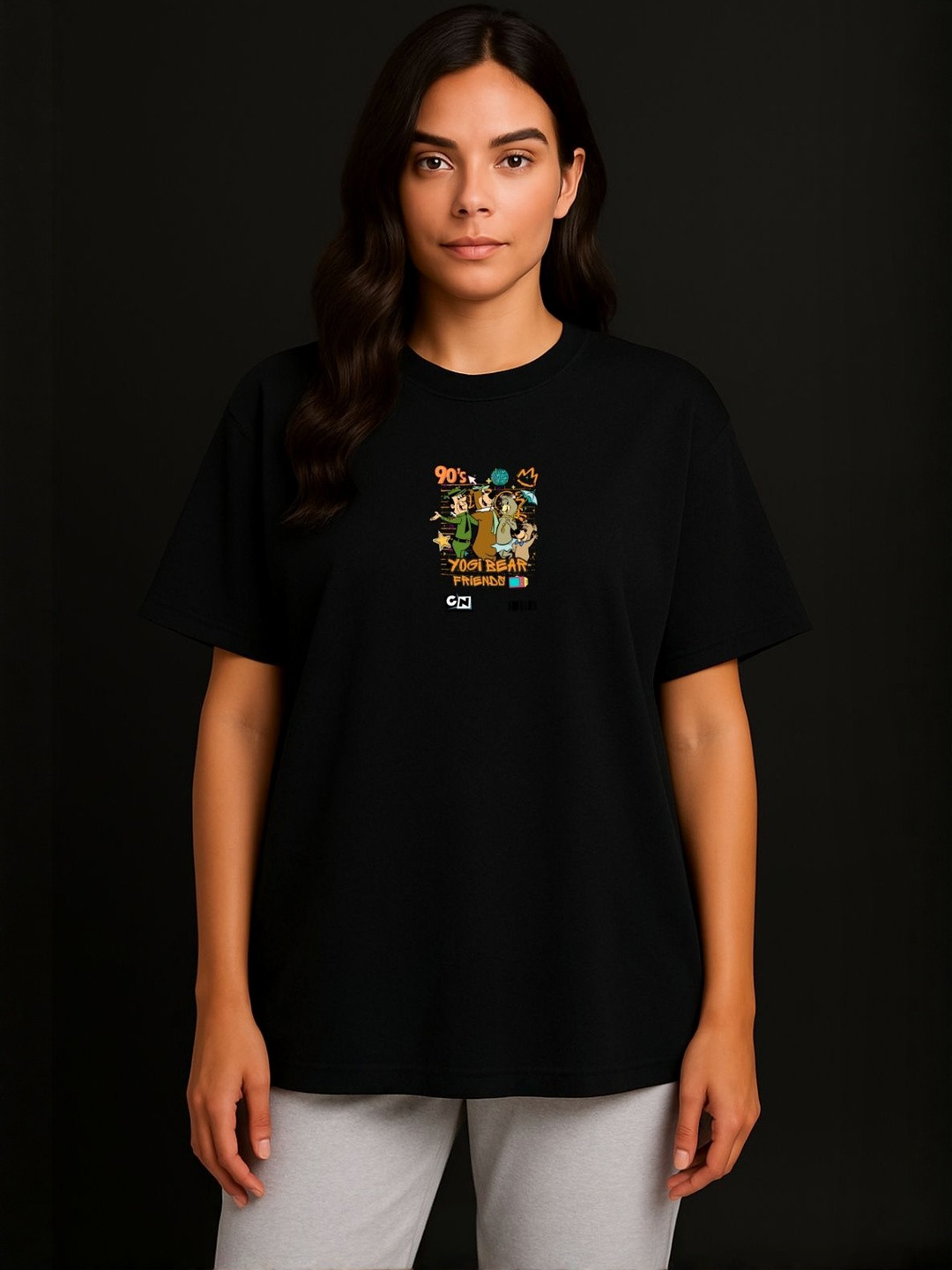 Anikmart Women Cartoon Network Graphic Printed Round Neck Cotton Oversized T-shirt