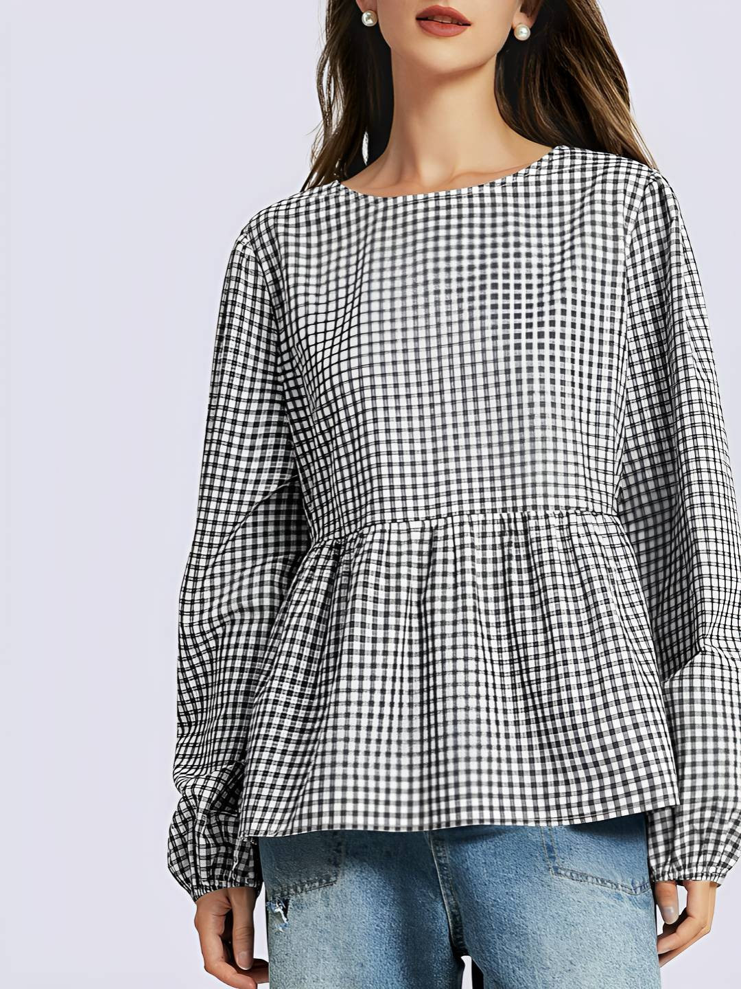 JC Mode Checked Monochrome Peplum Top