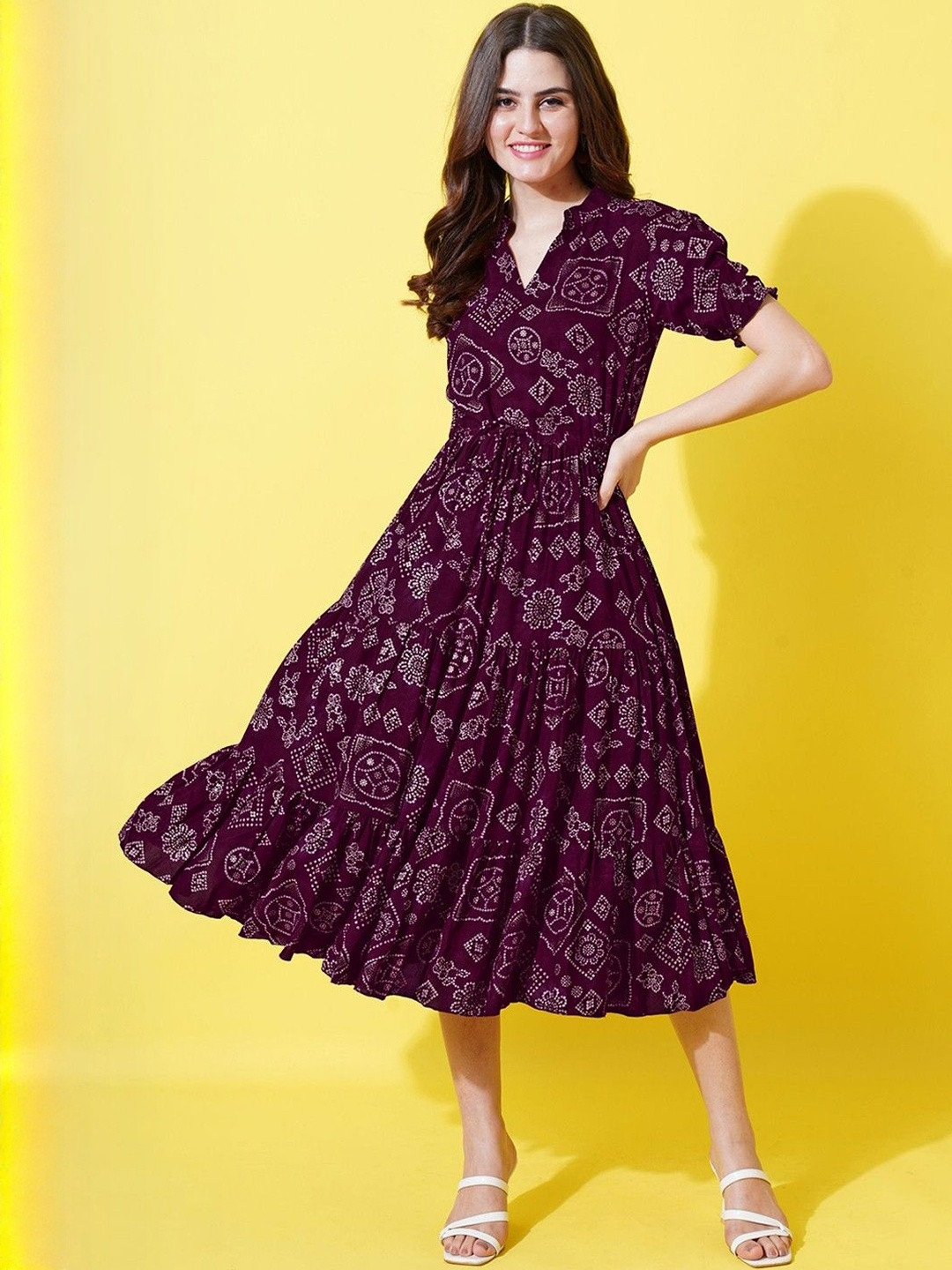 Raiyani Enterprise Women Ethnic Motifs Printed CrepeFit-Flare Midi Dress