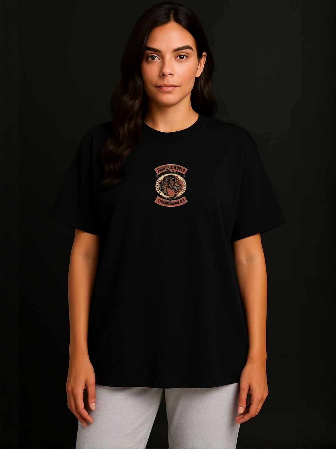 Anikmart Women Jurassic park Graphic Printed Round Neck Cotton Oversized T-shirt