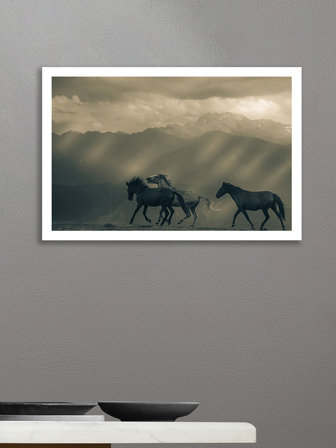 nestroots When Mountains Watch Green & White Horse Printed Canvas Wall Art