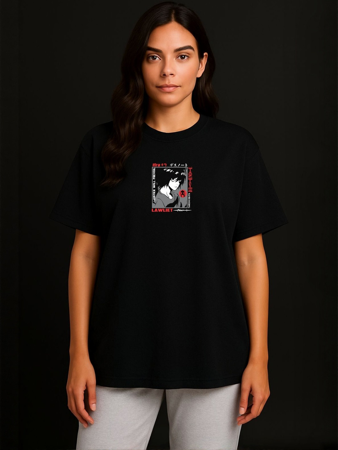 Anikmart Women Light Yagami Graphic Printed Round Neck Cotton Oversized T-shirt