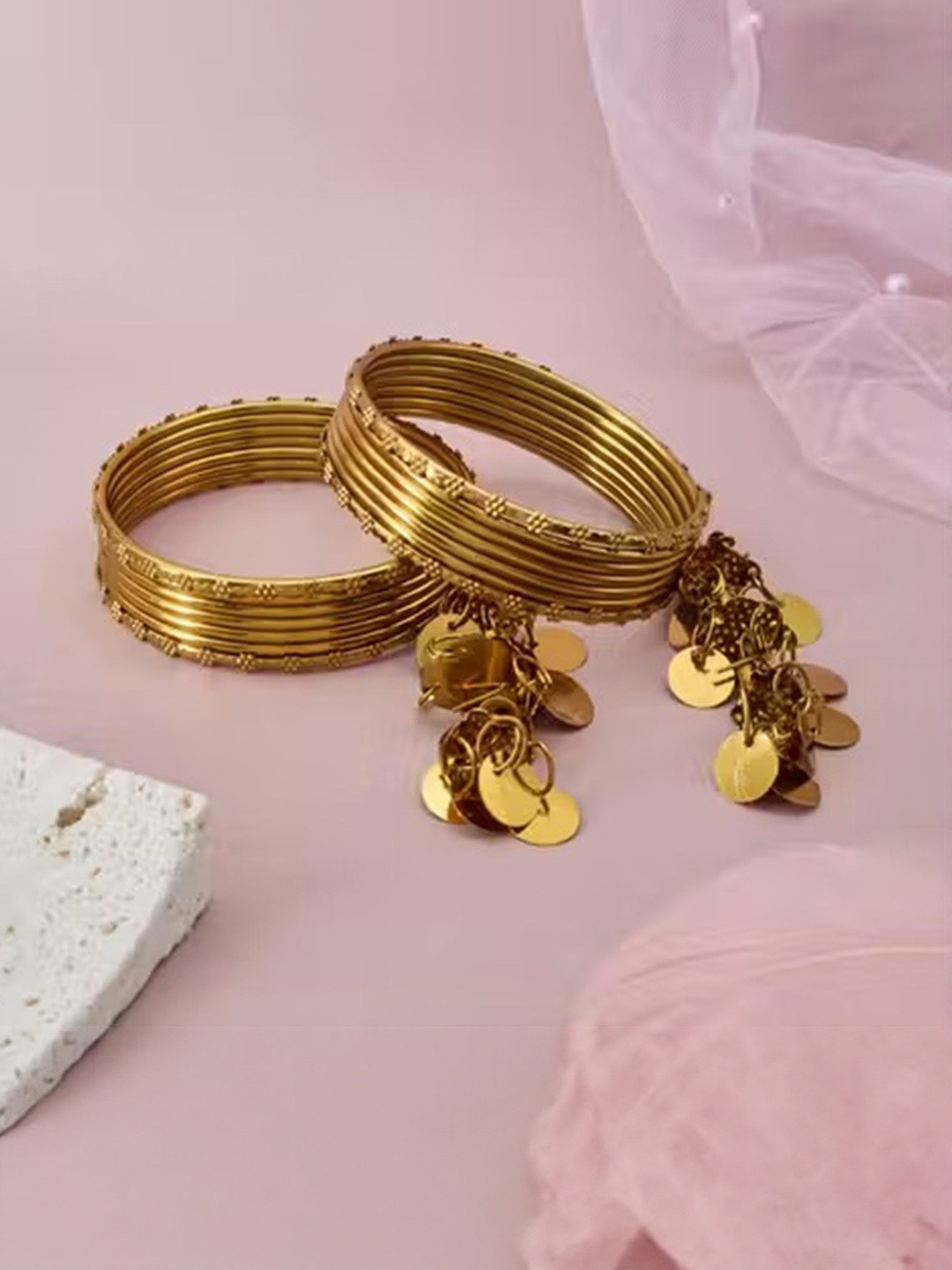 Honbon Set Of 2 Gold Plated Multilayer Wire & Tassels Bangle