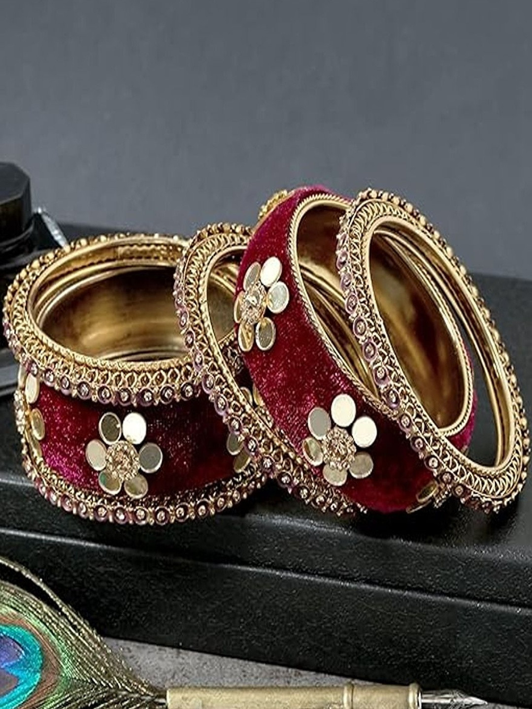 AccessHer Women Set of 6 Gold Plated Maroon Velvet Bangles Set