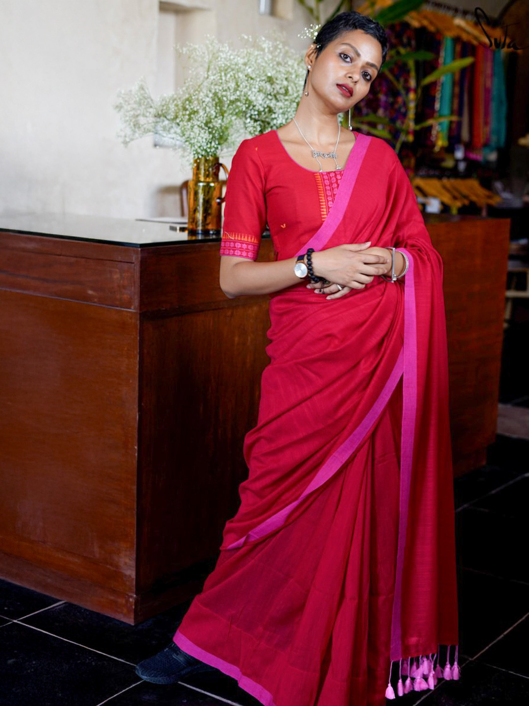 Suta Red Cotton Saree