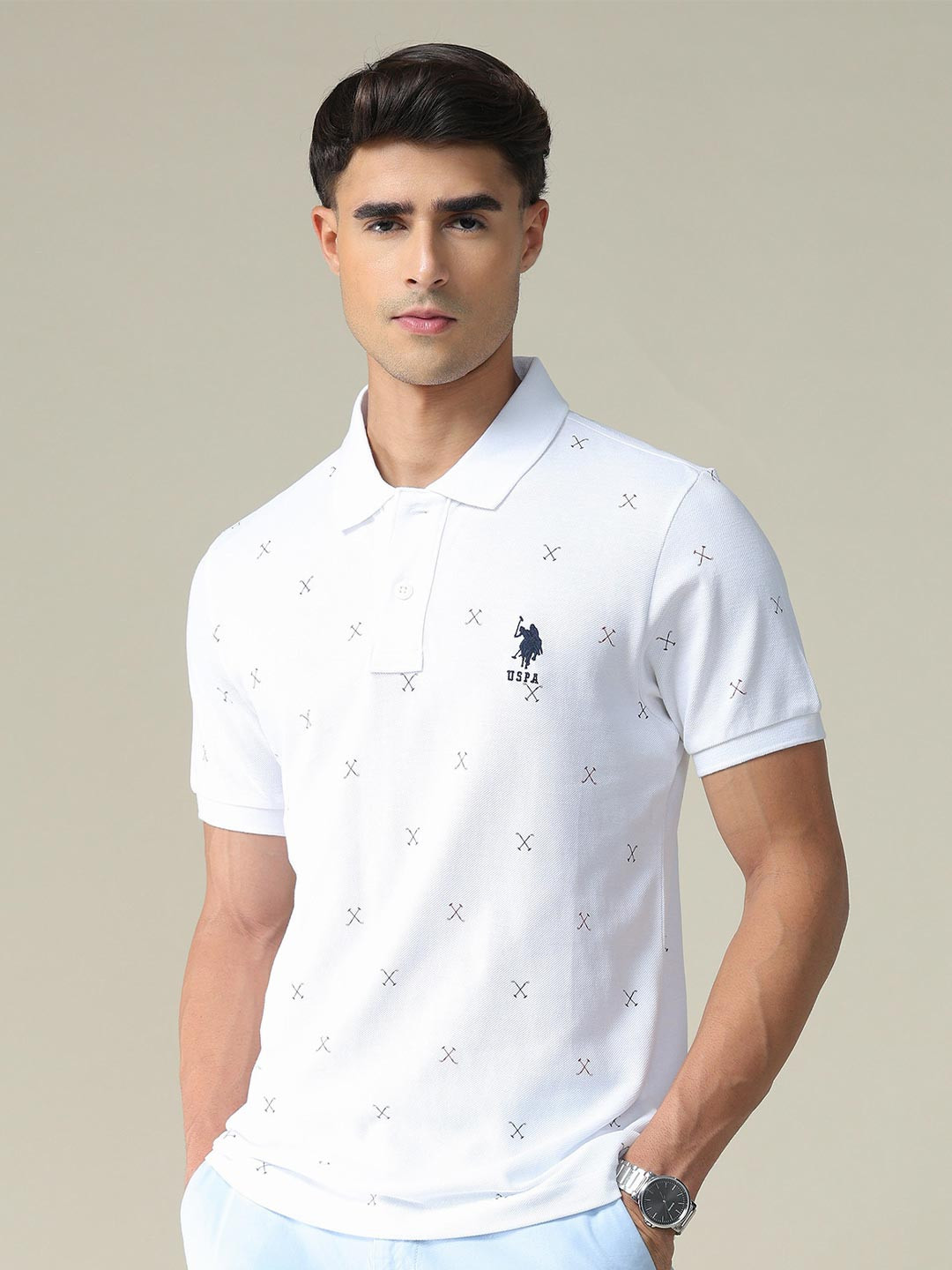 U.S. Polo Assn. All Over Brand Logo Printed Polo Collar Pure Cotton Slim Fit T-shirt