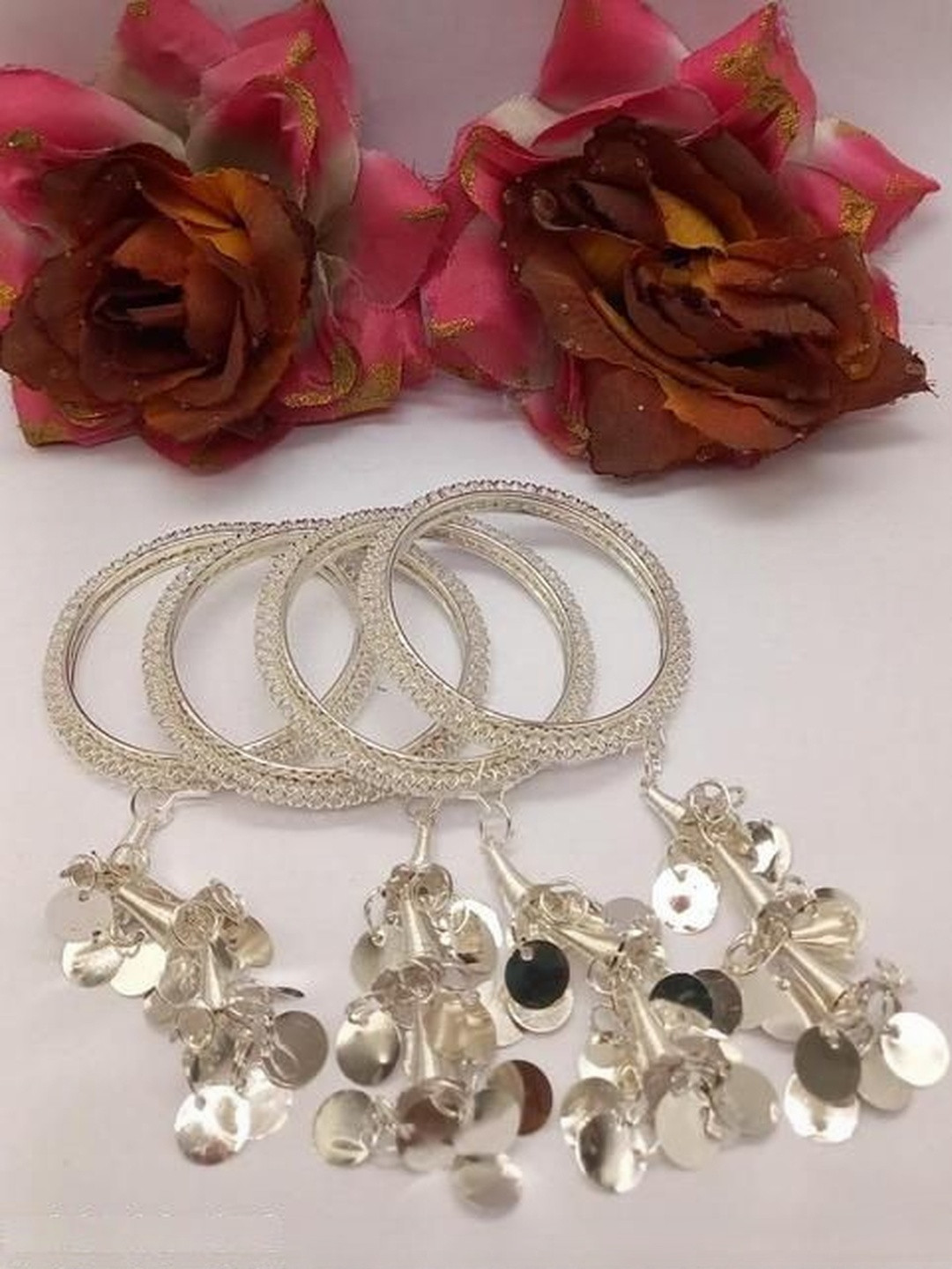 NAVMAV Set Of 4 Silver Coin Shape Hanging Latkan Bangle set