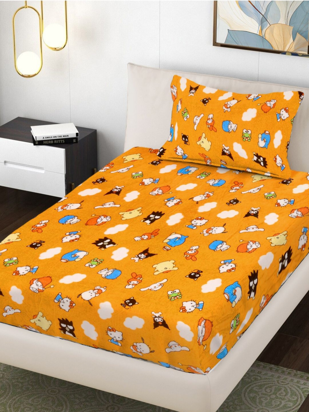 FABINALIV Kids Yellow Cartoon Characters 300TC Woolen Single Bedsheet Set 2.20 m x 1.50 m