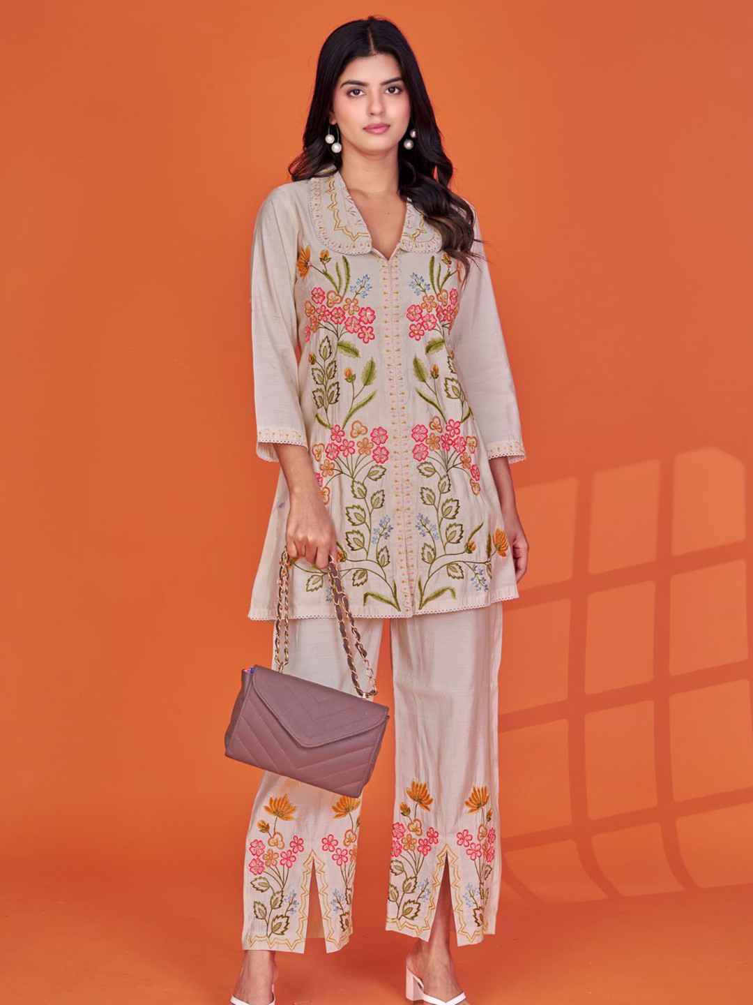 Zolo Label Embroidered V Neck Roman Silk Top With Trousers Co-Ords