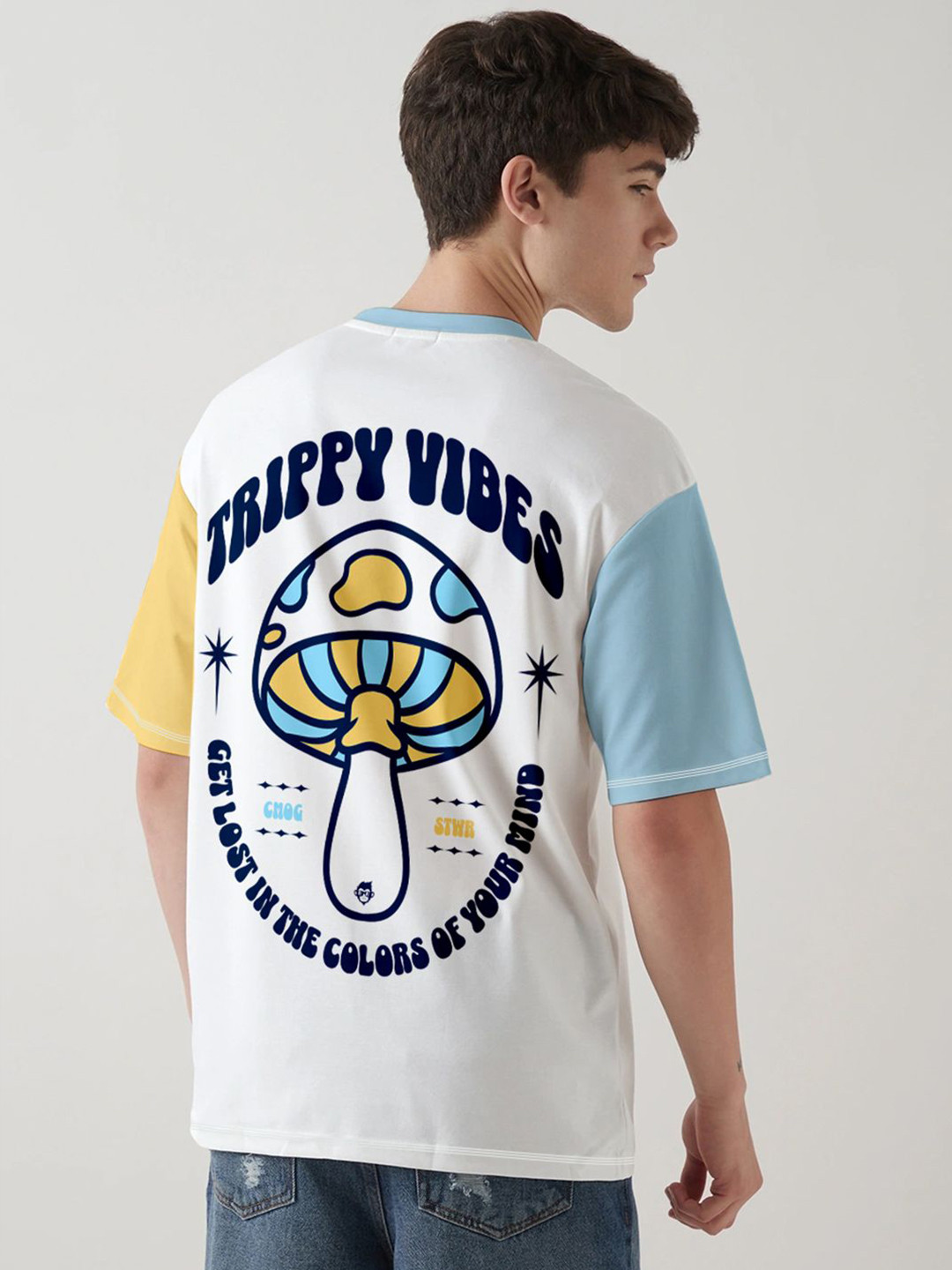 Crazymonk Far Out & Trippy Graphic Printed Drop-Shoulder Sleeves Oversized Cotton T-shirt