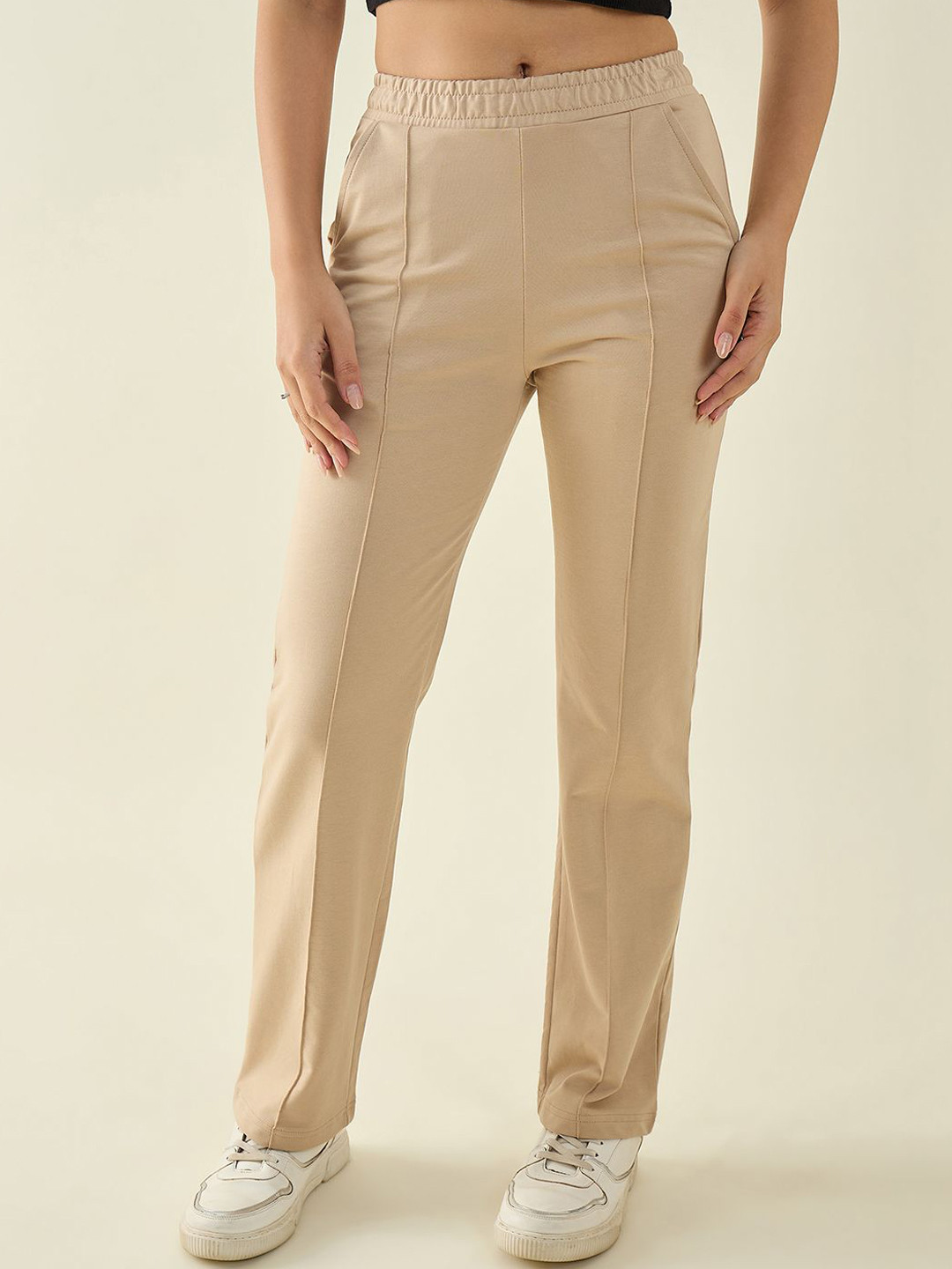 98 Degree North Women Mid Rise Straight Fit Plated Cotton Regular Trousers