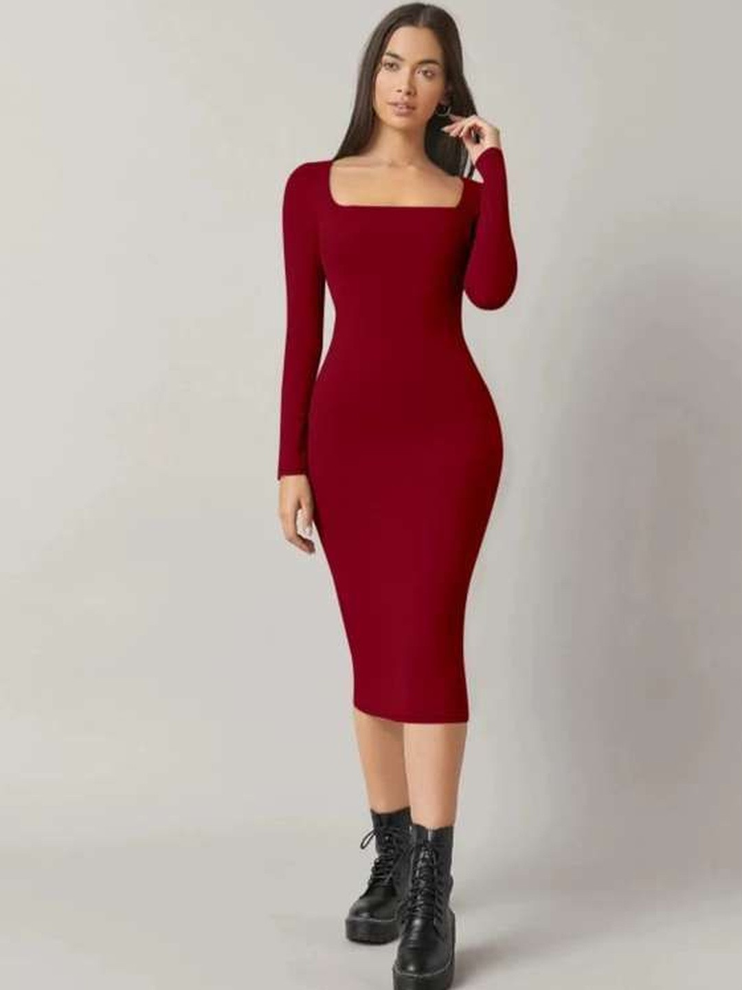 Western Darji Women Cherry Red Square Neck Cotton Bodycon Midi Dress