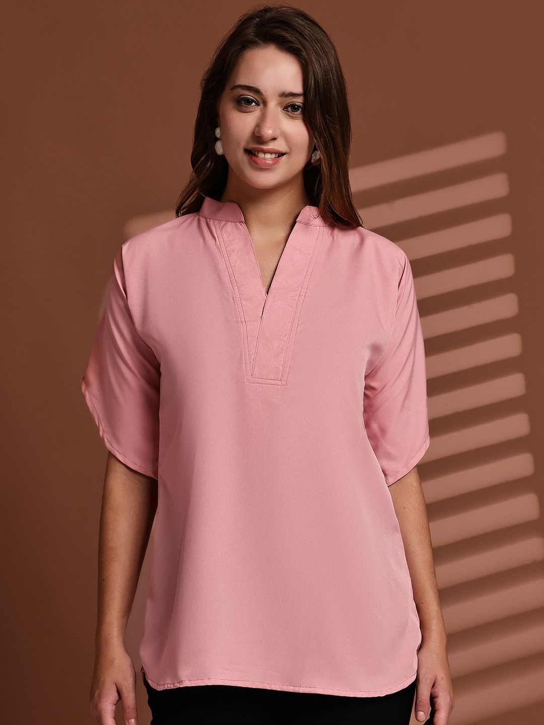 Enchanted Drapes Mandarin Collar Extended Sleeve Crepe Top