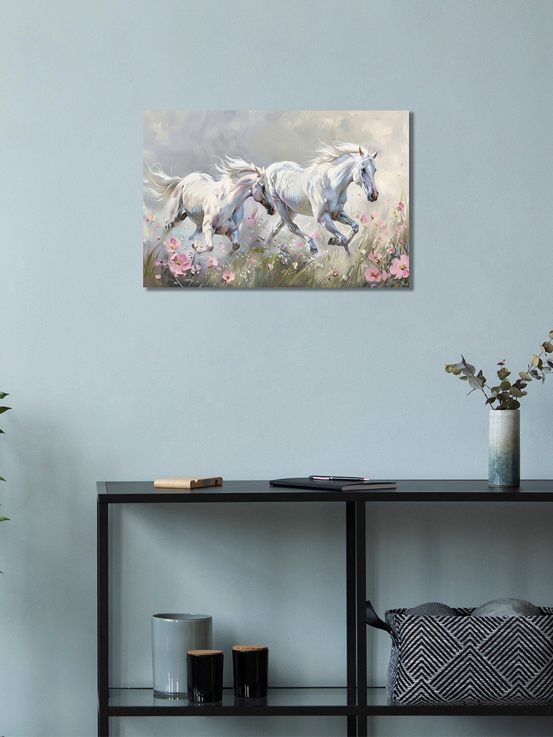 nestroots White & Blue Horse Running Through Roses Canvas Wall Art