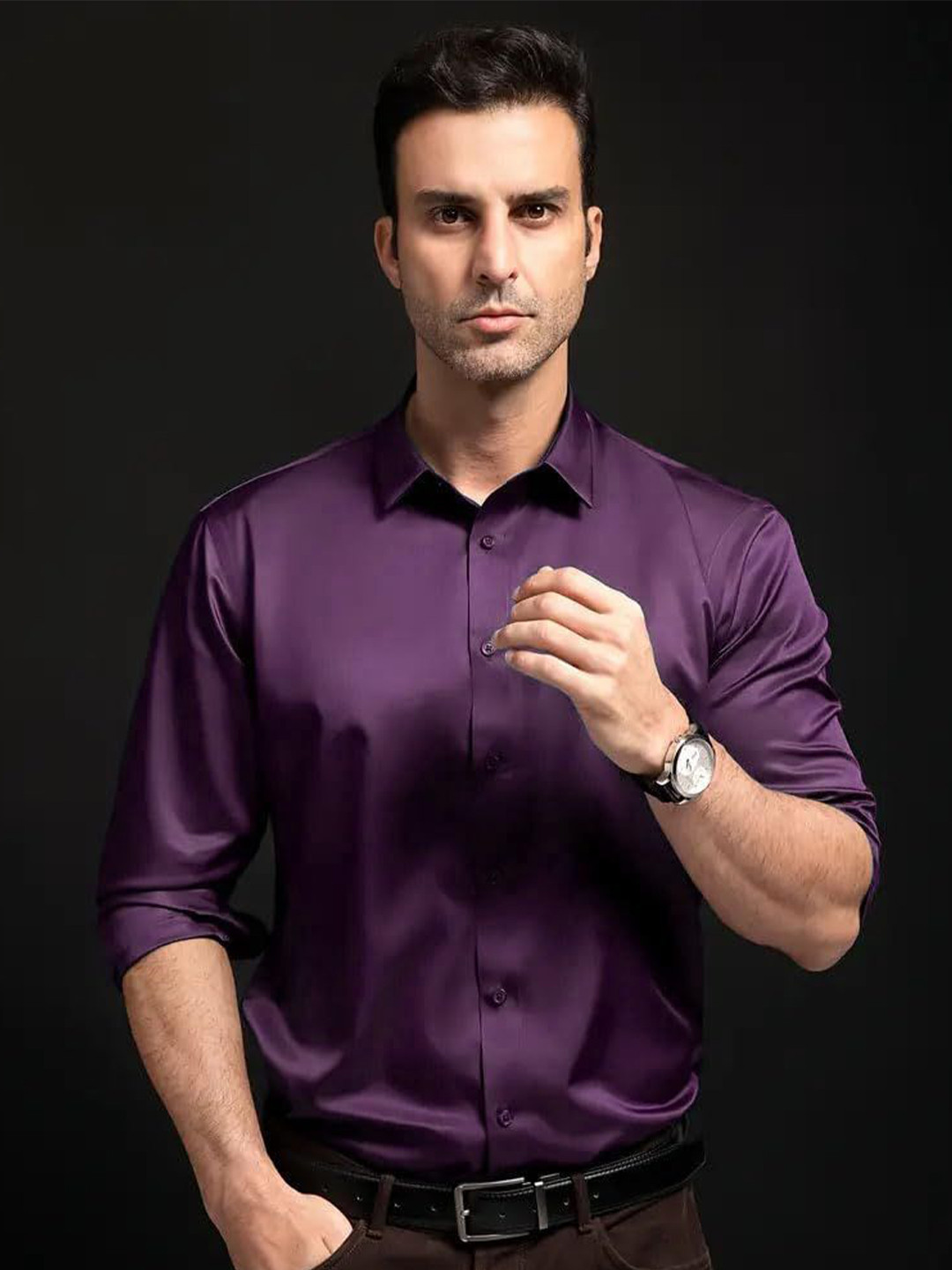 INDOPRIMO Men Solid Spread Collar Satin Formal Shirt